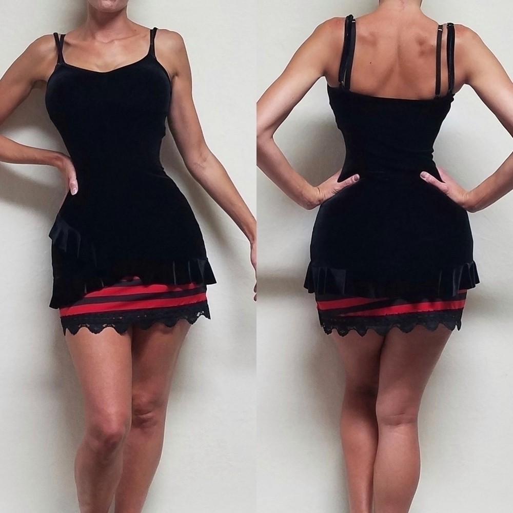 VINTAGE Shirley of Hollywood Black Velvet  Asymmetric Ruffle Mini Lingerie Dress